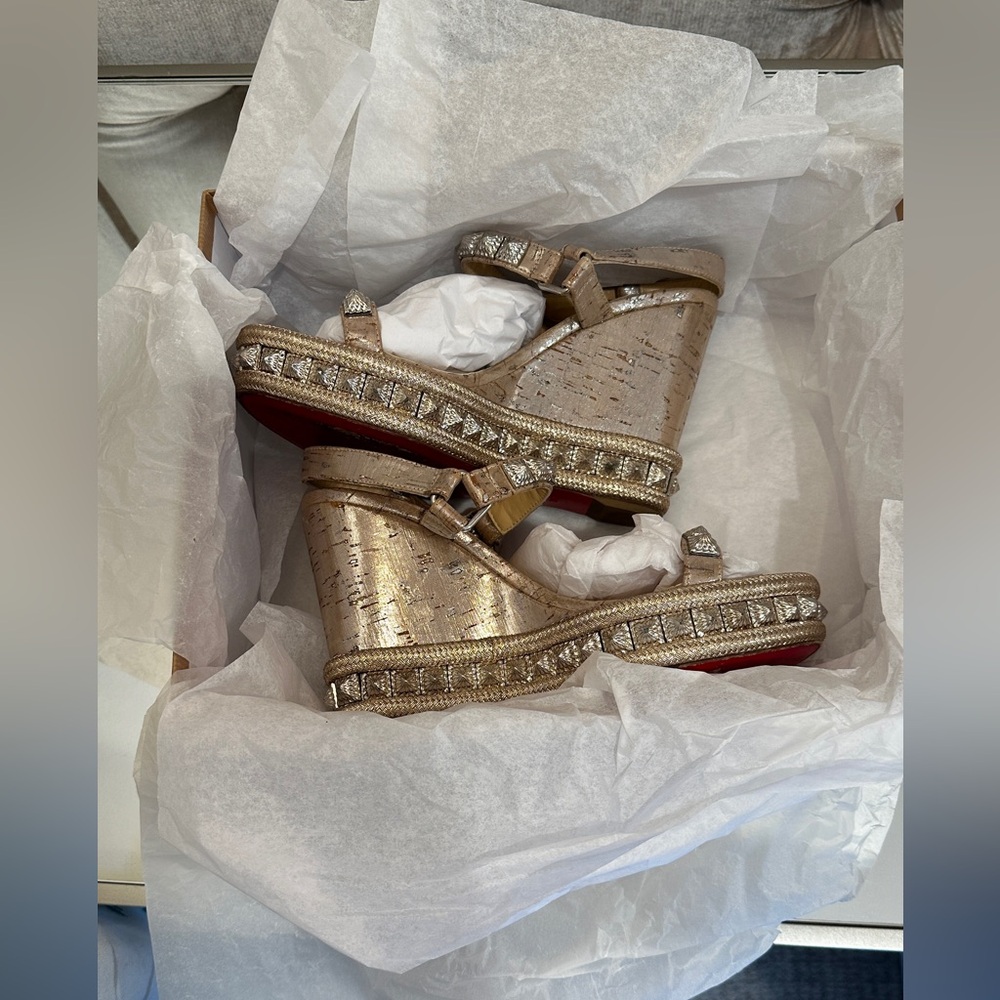 Christian Louboutin Silver Wedge Espadrilles PYRADIAMS 110 LIEGE PEPITE - Size 6 - Picture 4 of 9